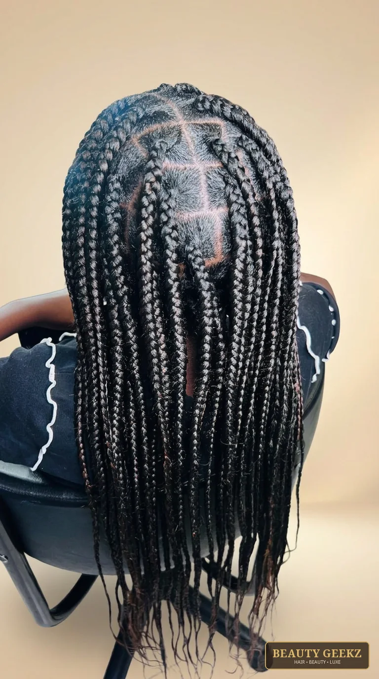 Long black knotless braids by Beauty Geekz