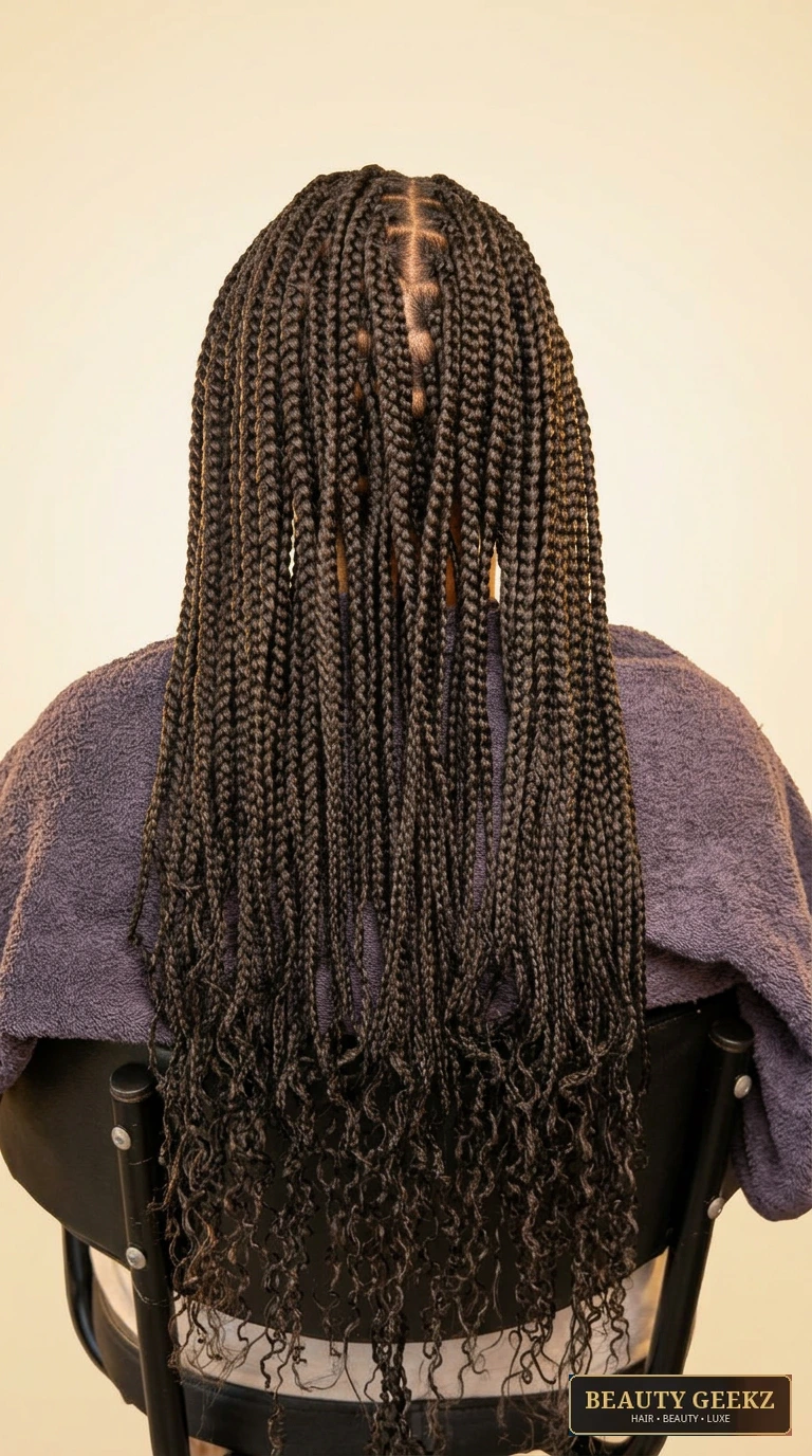 Long black box braids with curled ends by Beauty Geekz