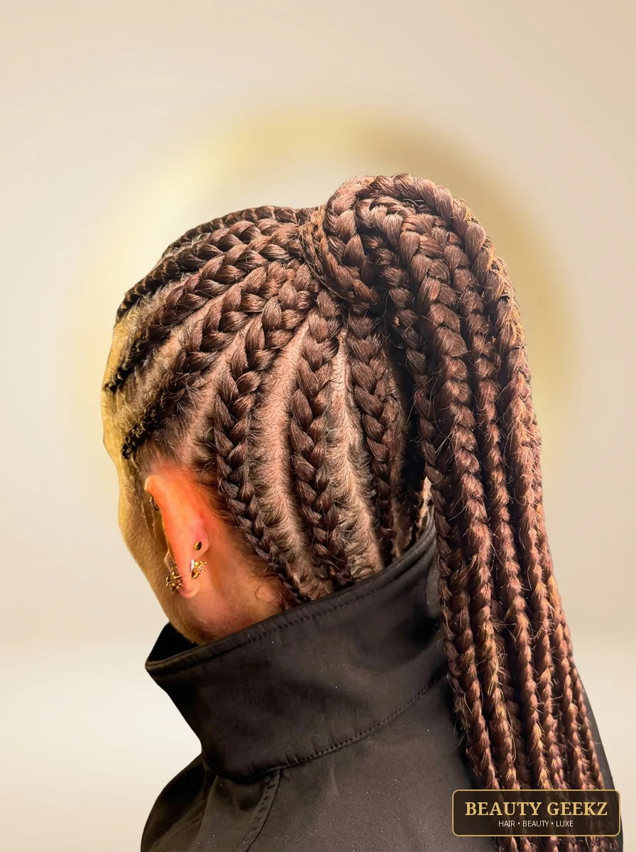 High cornrow ponytail by Beauty Geekz