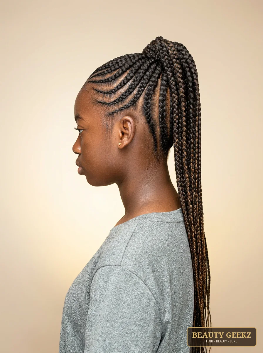 Cornrow high ponytail by Beauty Geekz